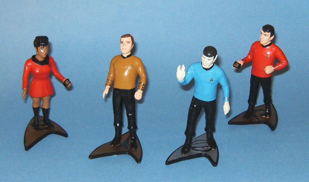 These 4-inch non-articulated figurines of Lt. Uhura, Kirk, Spock and Lt. Scott were manufactured by Hamilton Gifts and released