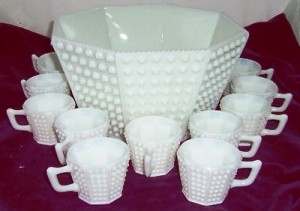 Fenton, hobnail, white milk glass punch bowl set