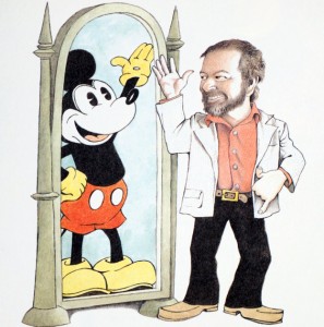 Sendak’s self-portrait depicting himself seeing Mickey Mouse in the mirror. According to longtime friend Ted Hake, Sendak viewed Mickey as “energetic and rascally, and he personified—for Maurice—all that is good.”