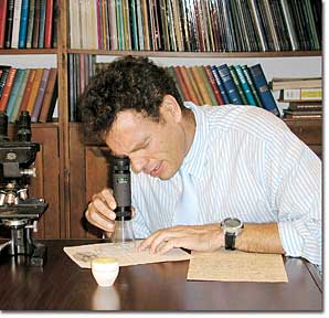 Document examiner analyzing handwriting for authenticity