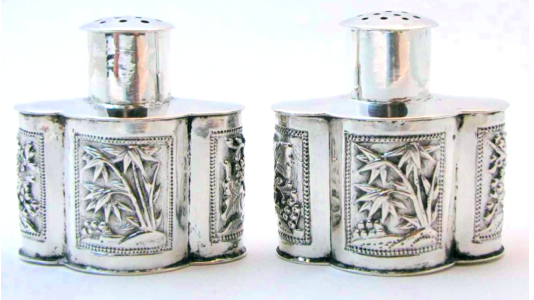 Chinese Export Silver 1870 pair of Cum Wo Salt Cellars