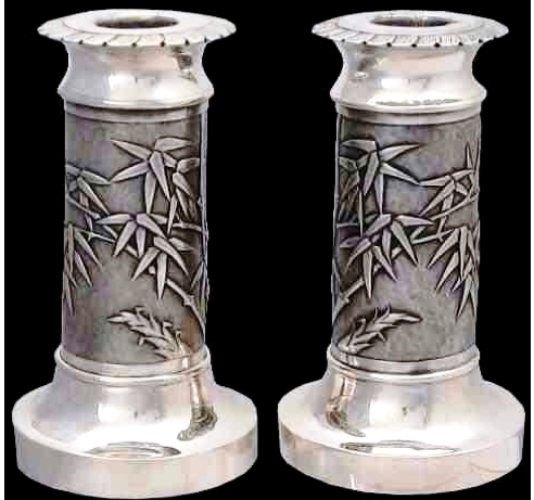 Sing Fat pair Chinese Export Silver candlesticks