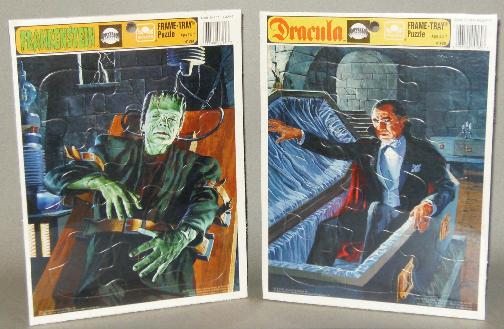 These Frankenstein Monster and Dracula frame-tray puzzles were released by Western Publishing Co. (under the “Golden” name)