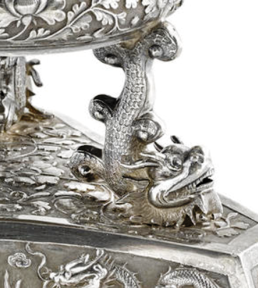 Chinese Export Silver Wang Hing epergne dragon detail