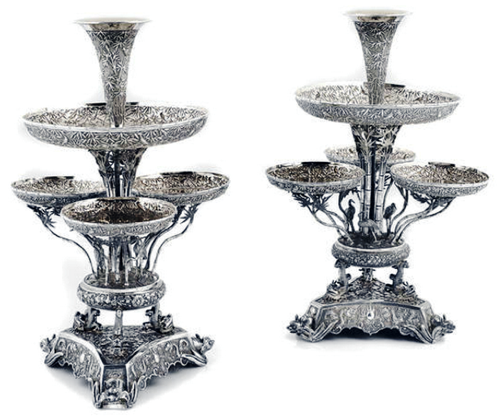 Chinese Export Silver pair of Wang Hing epergnes