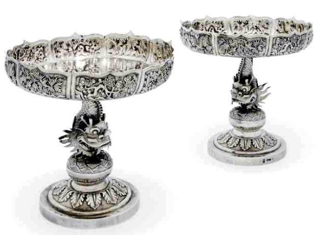 Chinese Export Silver pair of Wang Hing tazze