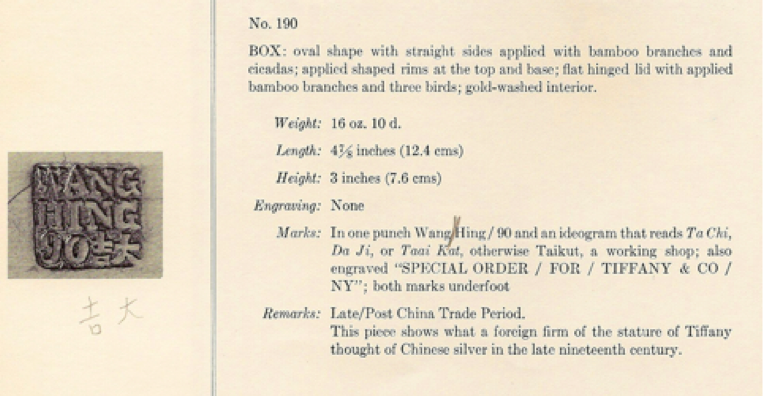 Chinese Export Silver catalogue clip for Wang Hing Tiffany Box
