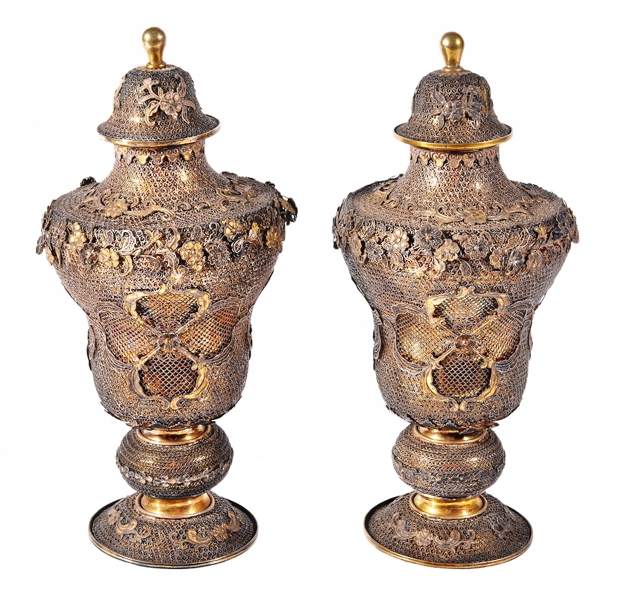 Pair of Chinese Export Silver filigree lidded urns circa 1800