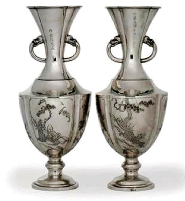 Sincere Company pair of Chinese Export Silver Vases 1925