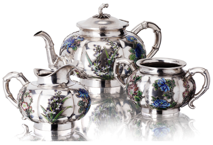 Chinese Export Silver and Cloisonne Tea Set by Huang Jiu Ji for Poh Sing Adrien von Ferscht, www.chinese-export-silver.com