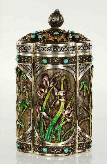 Post 1949 Chinese Silver Filigree and Enamel Canister Adrien von Ferscht, www.chinese-export-silver.com