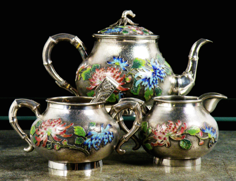 Wo Shing Cloisonne and Silver Tea Set Adrien von Ferscht, www.chinese-export-silver.com