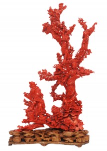 This extraordinary Chinese carved red coral figural group, 15 ½ inches tall, depicting a family tree, could bring as much as $20,000 to $30,000. The lot, which comes with a two-inch wooden base, is one of the finest carved figural groupings Elite Decorative Arts has ever offered—and it has offered many in past auctions.