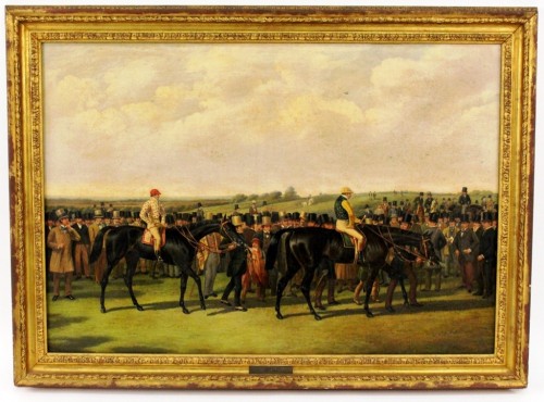 This oil on canvas painting titled “The Great Match, York-Spring Meeting Day” by John Frederick Herring, Sr., depicts the famous horse race between two of the most well-regarded British thoroughbred horses of the 19th century, Voltigeur and The Flying Dutchman.