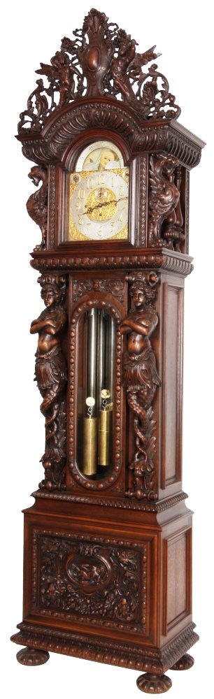 This carved R. J. Horner oak nine-tube grandfather clock, standing 120 inches tall, with movement by Westminster & Whittington, is expected to bring between $50,000 and $75,000 at a cataloged antique auction scheduled for Saturday, June 21, by Fontaine’s Auction Gallery.