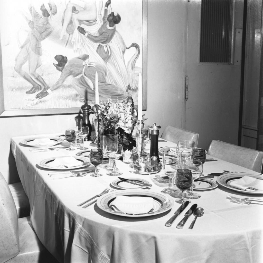 The dining area was modernized by nephew John Ringling North. The table is set for a meal with plates adorned with the Jomar name. (Photo: RMA-Tibbals)