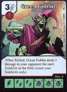 The Green Goblin “Gobby” super-rare that I sold for $45 almost as soon as I opened a 79¢ Marvel Dice Masters: Avengers vs. X-men booster pack. The red stripe under the text denotes its rarity.