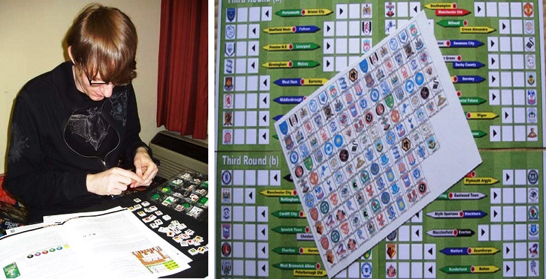 I rarely allow myself to be photographed, but in looking online for pictures of The World Cup Game, I found this one of me setting up The World Cup Game at a board gaming event (left). On the right is a fan-made expansion representing the South Africa 2010 Cup tournament with a complete tourney board and custom national flag chits. The game is rare, but still commands the attention of tabletop sports fans.