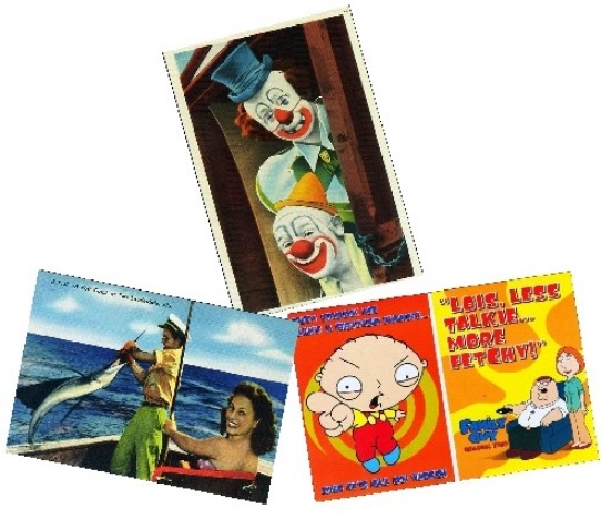 Pick out some postcards that touch on the interests of each family member, such as fishing, a love of clowns or television shows. Decide how you want to lay them out in a pleasing manner, taking into account color, subject and balance.