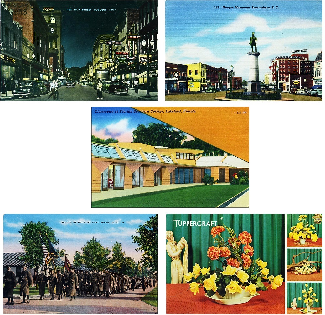 For a 50th wedding anniversary, postcards related to different parts of the couple’s history was combined for a trip down memory lane: DuBuque, Iowa, Spartanburg, S.C., Florida Southern College in Lakeland, a parade at Fort Bragg, N.C., and a Tuppercraft advertisement postcard are all part of the couple’s history.