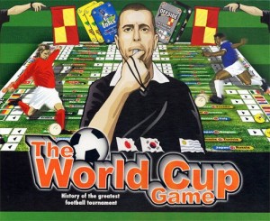 Shaun Derrick’s The World Cup Game, published in 2006 by Games for the World. The giant referee and penalty flags on the cover symbolize how much bad officiating has influenced the “history of the greatest football tournament.”