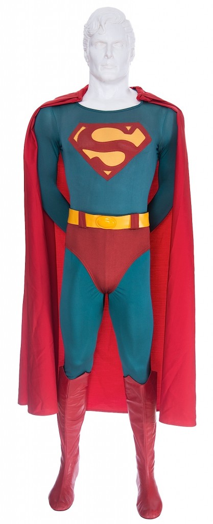 The Superman costume is a blue bodysuit with his trademark yellow belt. It is completed with a replicated of cape and boots.