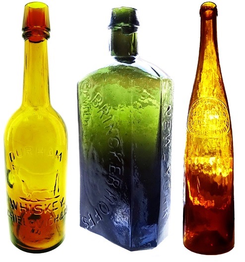 This Durham Whiskey western fifth bottle with embossed steer (left), made circa 1876-1882, one of six known could bring $5,000 to $10,000. This C. Brinkerhoff's very early medicine bottle (center) in a beautiful olive color, very crude, has a $1,000-$2,000 presale estimate, while this A. M. Smith’s (California Wine Depot, 321 Arch St., Philadelphia) probable hock wine bottle (right), may hammer for $500 to $1,000.
