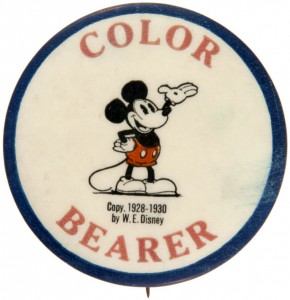 A 1930 Mickey Mouse Movie Club officers’ pin-back button for Color Bearer.