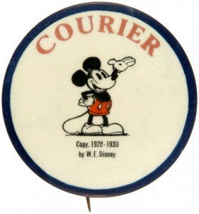 A 1930 Mickey Mouse Movie Club officers’ pin-back button for Courier.