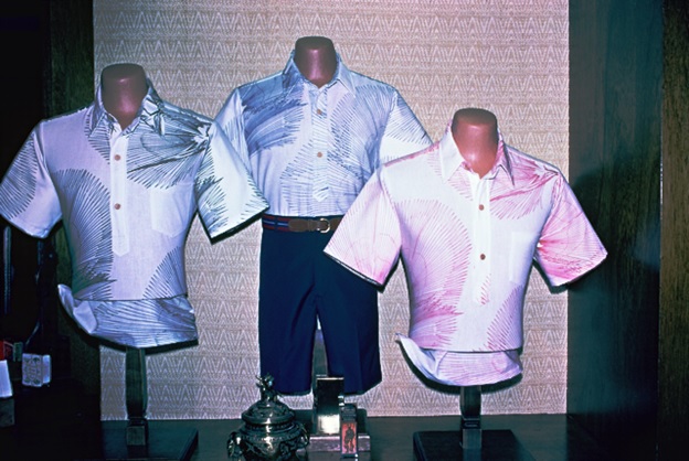 A display featuring shirts similar to one I bought and sold from the Liberty House department store in Honolulu, where HRH shirts were sold.