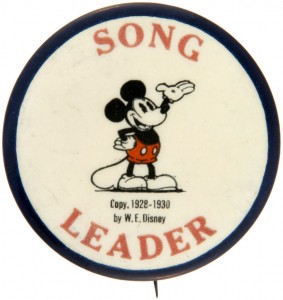 A 1930 Mickey Mouse Movie Club officers’ pin-back button for Song Leader.